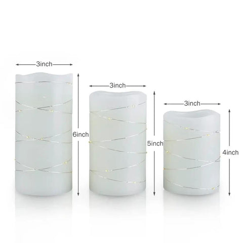 Flameless Wax Pillar Candles Set Of 3 Ivory With Embedded String Lights LED Battery Powered And 5 Hour Cycling Timer In 3 4 5 6 Inch Sizes