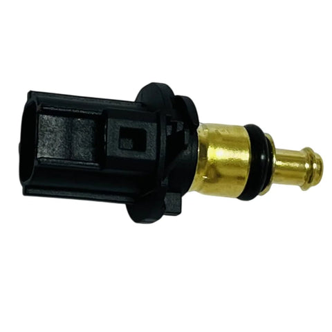 Coolant temperature sensor, side view, brass probe with black plastic connector.