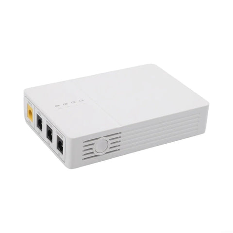Keep The Wifi Alive With This Solid 7800mAh UPS Battery Backup Powers Your Router And Modem For Six Hours Flat Even During Blackouts. White unit with input and output ports.