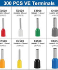 300-Piece Assorted Wire Ferrules And Terminal Kit, Copper Insulated Crimp Connectors, AWG 22 To 10, various colors displayed