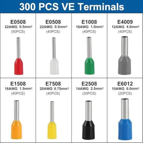 300-Piece Assorted Wire Ferrules And Terminal Kit, Copper Insulated Crimp Connectors, AWG 22 To 10, various colors displayed