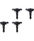 Four Pack Black Iron T Shape Door Hinges For Wooden Doors With Eight Screw Holes Bearing Design For Smooth Quiet Operation Durable Rugged Construction Ideal For Upscale Clubs And Hotels.