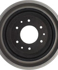 Front view of Centric 123.6600 C-Tek brake drum; metallic gray with central bore and eight lug holes