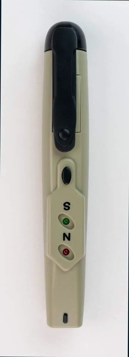 Front view of AMY6 Magnetic Tester Blue With Easy To Use Pocket Clip And Pen Style Design Red And Green LED Visual Alerts