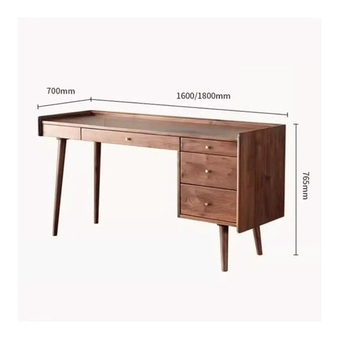 Ergonomic Adjustable Standing Desk Featuring Rich Walnut Desktop Four Deep Storage Drawers Integrated Monitor Stand side view with dimensions