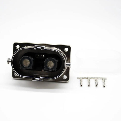 Heavy Duty EV High Voltage Connector Plug N Play Two Pin Socket With M6 Holes, metal housing and pins for electric vehicle connections.