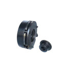 Electromagnetic brake assembly for servo motor; two-part black metal housing with splined bore and gear