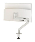 Robust Height Adjustable Monitor Riser With Smooth Full Motion Articulating Arm For Ergonomic Desk Mount and Cable Free Workspace Upgrade showing white arm and mount.