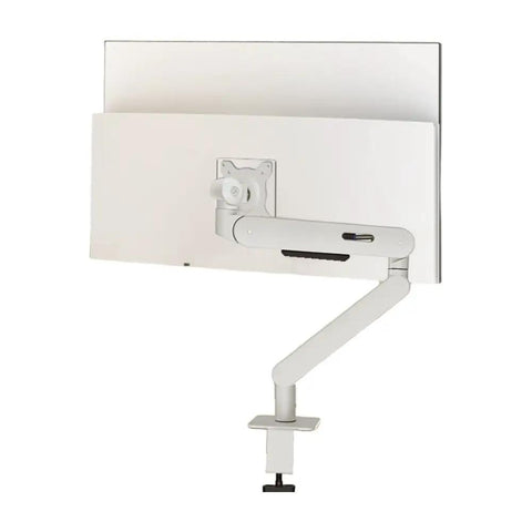 Robust Height Adjustable Monitor Riser With Smooth Full Motion Articulating Arm For Ergonomic Desk Mount and Cable Free Workspace Upgrade showing white arm and mount.