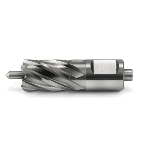 No Nonsense HSS Annular Cutter 3/4 Inch Cut Dia With 3/4 Weldon Shank 1 Inch Depth side view with pilot pin for metal work.