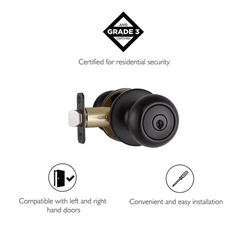 Keyed Entry Door Knob In Matte Black With Anti Bump Technology Reversible Design Fits One And Three Eighths To One And Three Quarters Inch Doors Includes Two Keys And Hardware For Front Or Back Doors