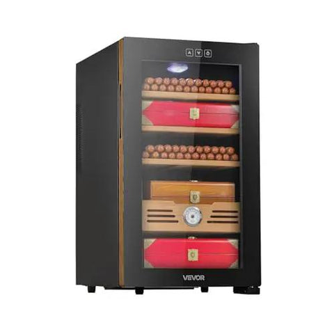 Electric Humidor For Home Use 48L Cigar Cabinet With Cooling Temperature Control, visible Spanish cedar shelves.