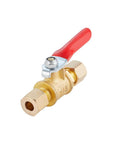Brass ball valve with red lever and 1/4-inch compression fittings on both ends