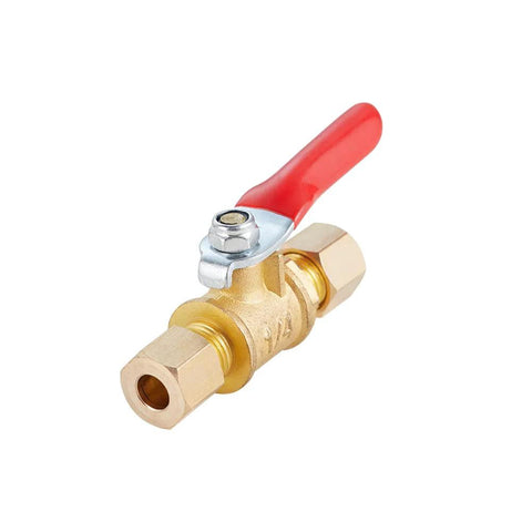 Brass ball valve with red lever and 1/4-inch compression fittings on both ends