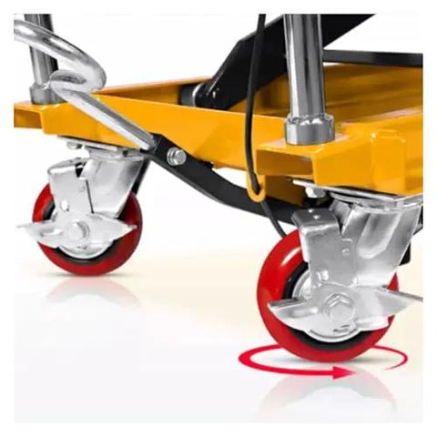 Close-up of smooth rolling wheels on the Rock Solid Portable Hydraulic Scissor Lift Table With Smooth Roll Design Hitting 66 Inches.