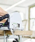 Precision Plunge Saw Featuring Slick Blade Swap Tech And Anti Splinter Guard For Crisp Cuts On Any Build, cutting wood plank.