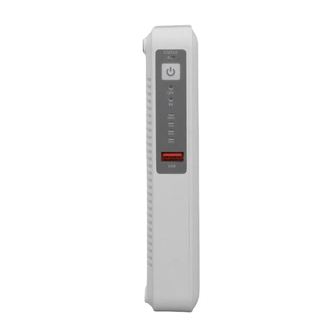 Mini Ups Battery Backup For WiFi Router And Modem 8000 Mah Uninterruptible Power Supply side view with power status indicators.