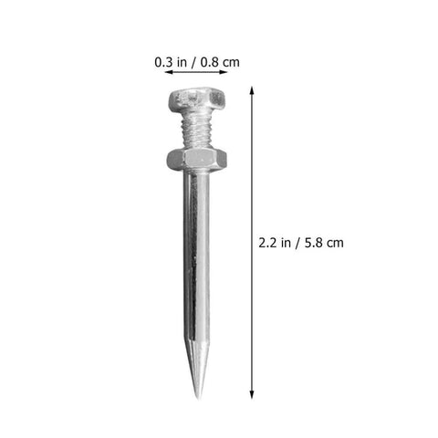 Close-up of a metal spike measuring 2.2 inches long, part of the Heavy Duty Lawn Aerator Shoes Kit, 20 Metal Spikes For Quick Soil Aeration.
