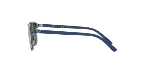 Side view of Junior Kids Square Sunglasses With Transparent Blue Frame And Green Mirrored Lenses, lightweight plastic design, 106mm fit.