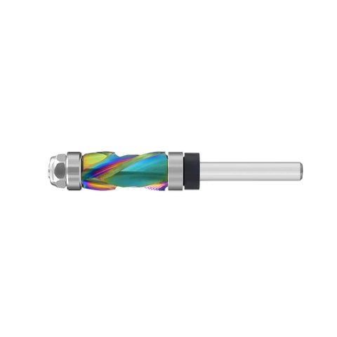 Pro Woodworking Router Bit Set With Dual Upper Lower Bearing Systems For Stable Edging Trimming Plus Vibrations Less 7 Color Coated Shanks side view of a colorful router bit with dual bearings.