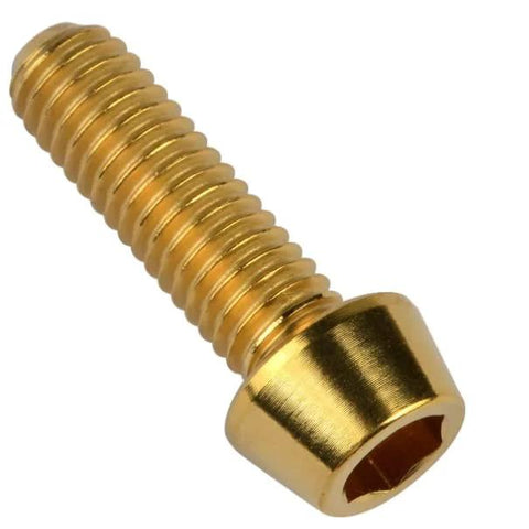 Close-up of a gold titanium PVD coated M6 x 1.0 hex socket head cap screw for bike stem, lightweight and rustproof.
