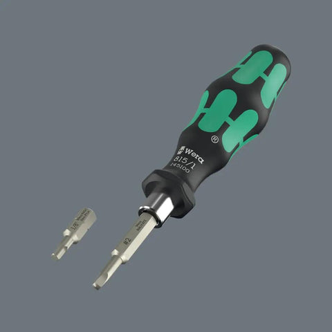 Tool Check Modular Imperial One 21 Piece Screwdriver Set with handle and two hex bits on grey background.