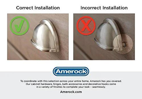 Correct and incorrect installation of cabinet cup pull showing matte black traditional style cup pull placement.