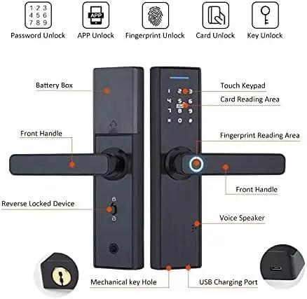 Smart Fingerprint Door Lock With App Control And Digital Code Entry Aluminum Alloy Home Security Mortise Lock showing keypad, fingerprint reader, and USB charging port.