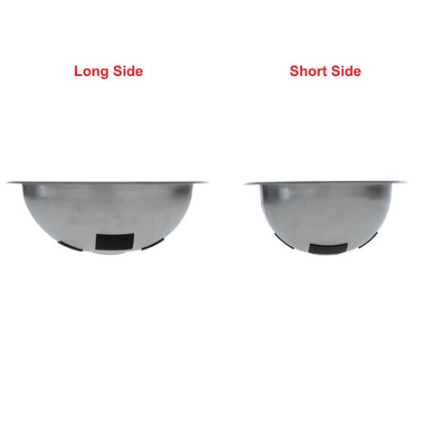 Side view of oval stainless steel kitchen sink with ultra mirror polish finish, showing long and short sides for top mount or under mount options