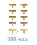 Brass Finish Zinc Alloy T Bar Drawer Pulls 10 Pack for Cabinets and Doors with smooth edges and screws displayed