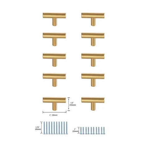 Brass Finish Zinc Alloy T Bar Drawer Pulls 10 Pack for Cabinets and Doors with smooth edges and screws displayed