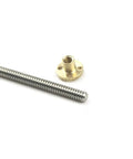 Close-up of a Lead Screw For CNC And 3D Printer With Brass Nut, 2 Or 3 mm Pitch, threads visible, made from 304 stainless steel.