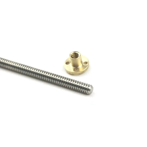Close-up of a Lead Screw For CNC And 3D Printer With Brass Nut, 2 Or 3 mm Pitch, threads visible, made from 304 stainless steel.