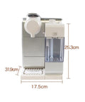 Straight Up Professional Coffee Machine With Built In Grinder And Instant Heat For Barista Style Drinks No Fuss Automatic Self Clean Stainless Steel Kitchen Appliance For House Or Office, front view with dimensions.