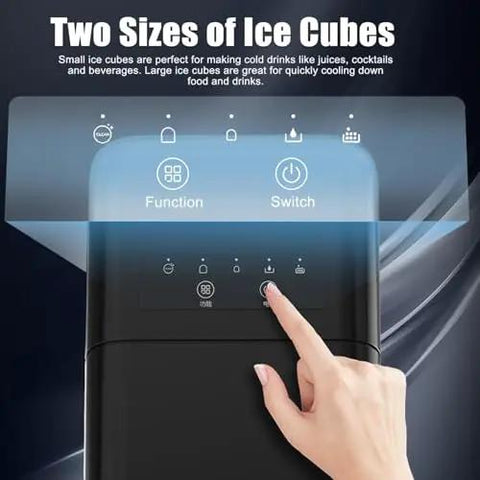 Control panel of Badass Countertop Ice Maker Generates 26 Lbs Bullet Ice Fast with Self Cleaning Tech and 1.5L Tank.