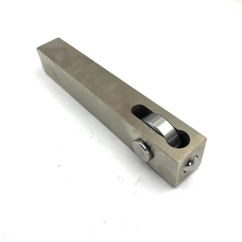RHKING mini lathe burnishing tool, steel body, side view with wheel visible in slot.