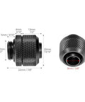 QWORK copper compression fitting for G1/4 water cooling; for 3/8 in ID x 1/2 in OD hoses, side and end views