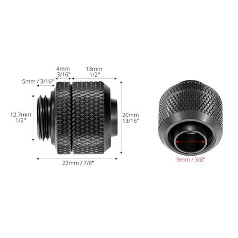 QWORK copper compression fitting for G1/4 water cooling; for 3/8 in ID x 1/2 in OD hoses, side and end views