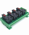 Din Rail Mount AC Power Strip With Four 120 Volt Grounded Receptacles showing four black sockets on a green mounting base.