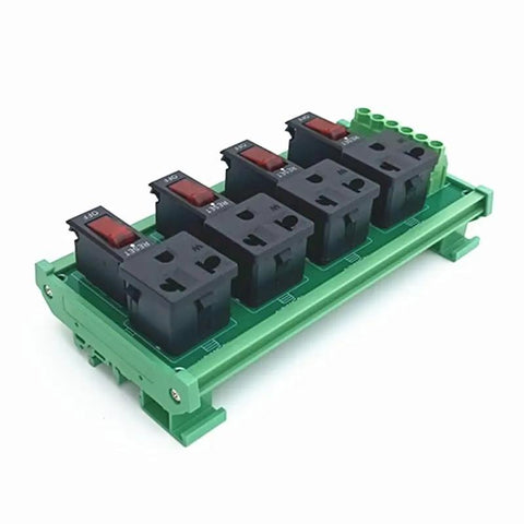 Din Rail Mount AC Power Strip With Four 120 Volt Grounded Receptacles showing four black sockets on a green mounting base.