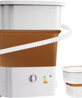 No Stress Collapsible Mini Washing Machine And Quick Dryer For Undies And Baby Clothes, space-saving brown portable washer with hose.