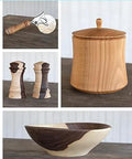 Woodturning items collage: gouge tool with wooden handle, lidded canister, two pepper mills, and a wooden bowl