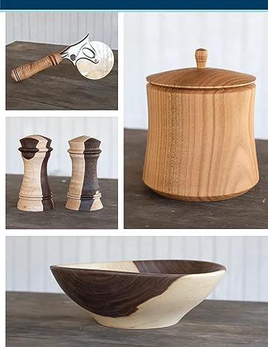 Woodturning items collage: gouge tool with wooden handle, lidded canister, two pepper mills, and a wooden bowl