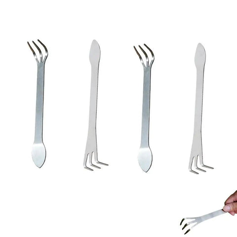 4 Pack Bonsai Rake Set Stainless Steel Root Rake Mini Kumade For Bonsai And Indoor Plants Soil Loosening Transplant And Repotting Seedling Care Durable Anti Slip Handle Ideal Tool For Potting And Tree Root Work; displayed as four stainless steel rakes on white background, one rake in hand.