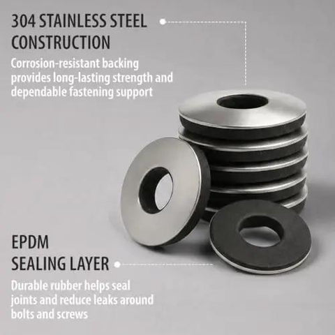 Heavy Duty Number Six EPDM Bonded Sealing Washers With 304 Stainless Steel Core And Tight Rubber Face For Roofing Screws stacked display.