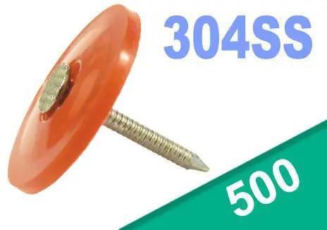 One Inch Twelve Gauge Annular Ring Thirty Four Stainless Steel Plastic Cap Nails For Roofing And House Wrap Hella Durable With Badass Hold Acq Lumber Safe Rock Solid Five Hundred Pack Build Essential with orange cap