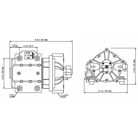 Diagram showing dimensions of High Flow Submersible Sump Pump With 24V DC Power for fresh water transfer and home farming tasks.