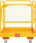 Front view of a VEVOR forklift man basket in yellow, 36 x 36 in steel frame with mesh guard and four wheels.