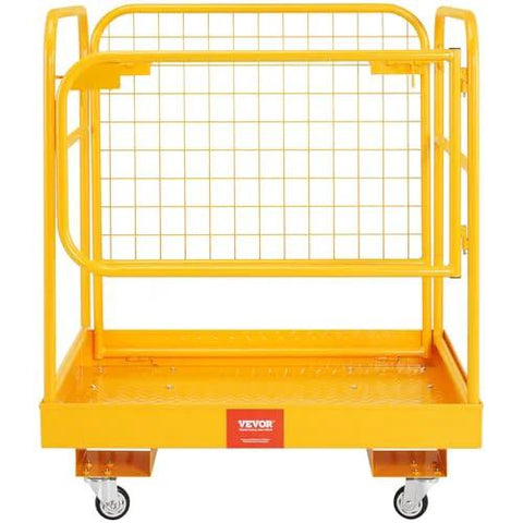 Front view of a VEVOR forklift man basket in yellow, 36 x 36 in steel frame with mesh guard and four wheels.