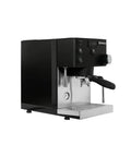 Top Shelf Dual Boiler Espresso Machine With PID Temperature Control Black Finish side view with steam wand and control panel.